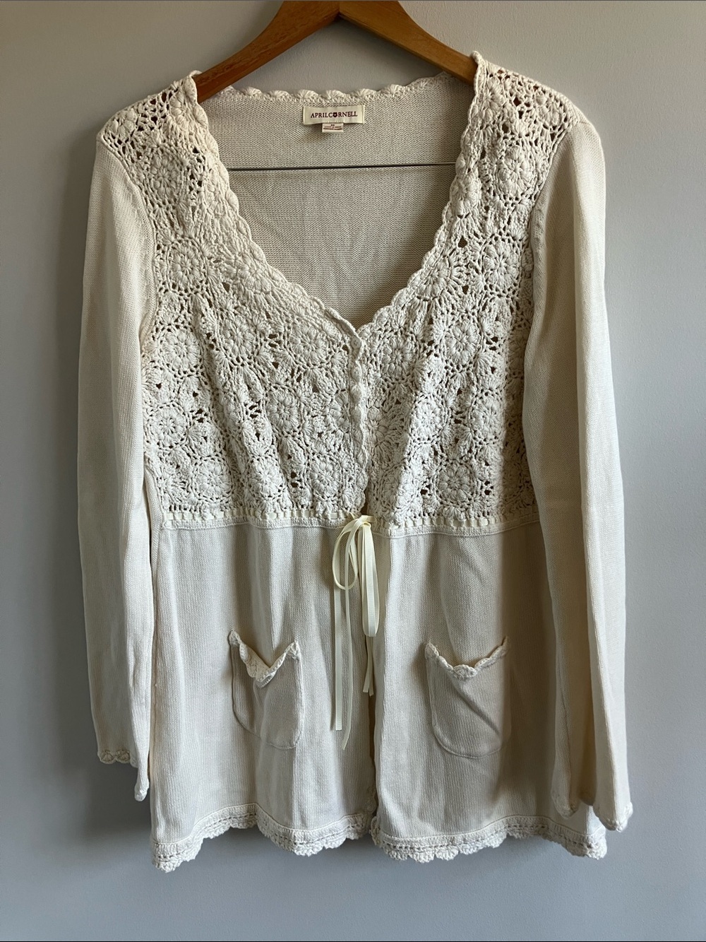 April Cornell Ivory Crochet knit Cardigan with Tie size medium cottagecore
